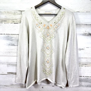 Alfred Dunner Champaign & Gold Metallic Beaded Embroidered  V Neck Sweater Sz 2X - Picture 1 of 12