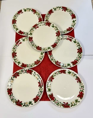 Conjunto de 7 pratos de jantar de Natal Gibson todos os dias vermelho e branco poinsétia feriado - Imagem 1 de 4