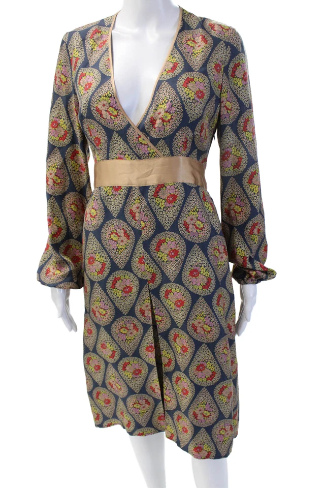 Vestido envolvente Paul & Joe para mujer azul seda floral cuello en V manga larga talla 42 Foto 1 de 4