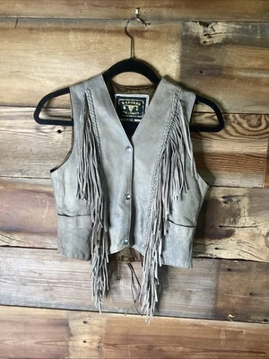 CHALECO CON FLECOS DE CUERO BARNEYS Bronceado Con cordones Espalda MUJER XS BIKER Festival del Oeste Foto 1 de 4
