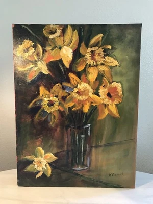 Vintage Oil Painting Flowers Signed MCM 12 x 16 Canvas on Board OOAK 1960s - Image 1 of 4