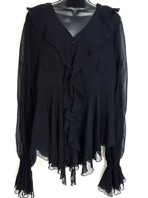 Ashro Misses Sz 16 Cardigan Black Sheer Ruffled Button Up Waistband Boho Chic - Image 1 of 4