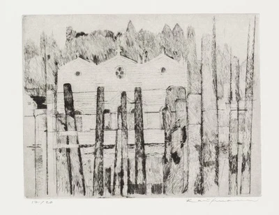 KAUFMANN (20.Jhd), Ansicht einer Kirche hinter einem Zaun, Rad. Moderne - Bild 1 von 4
