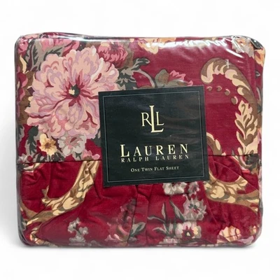 Ralph Lauren One Twin Flat Sheet, 200 TC, Red Floral, 100% Cotton, NOS - Image 1 of 3