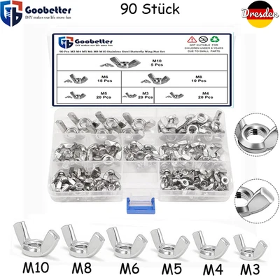 90tlg Flügelmutter Edelstahl Edelstahlflügelmutter Sortiment M3-M10 Ohrenmuttern - Bild 1 von 4