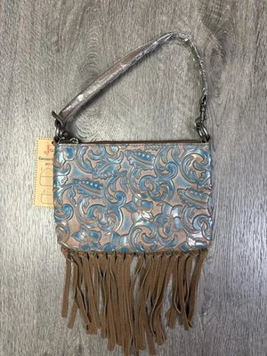 Nuevo con etiquetas Bolso Justin Convertible Muñequera Marrón Azul Cuero Repujado Flecos Western Foto 1 de 4