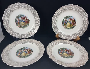 VTG Chantilly IT-S284 Sebring Pottery 4 Dinner Plates 10" Scallop Rim 22K Gold - Picture 1 of 15