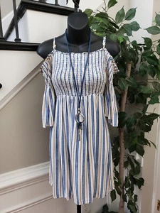 Magnolia Skye Women Multi Striped Smocked Cold Shoulder Sleeve Mini Dress Size S - Picture 1 of 10