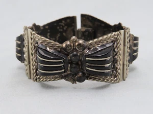 ¿Ónix negro? Pulsera de plata de ley 925 firmada México 6,5" de largo 3 paneles vintage - Imagen 1 de 10