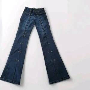 Jeans vintage Y2k vita bassa svasati denim elasticizzato stringato spacco gamba D Vergiani - Foto 1 di 18
