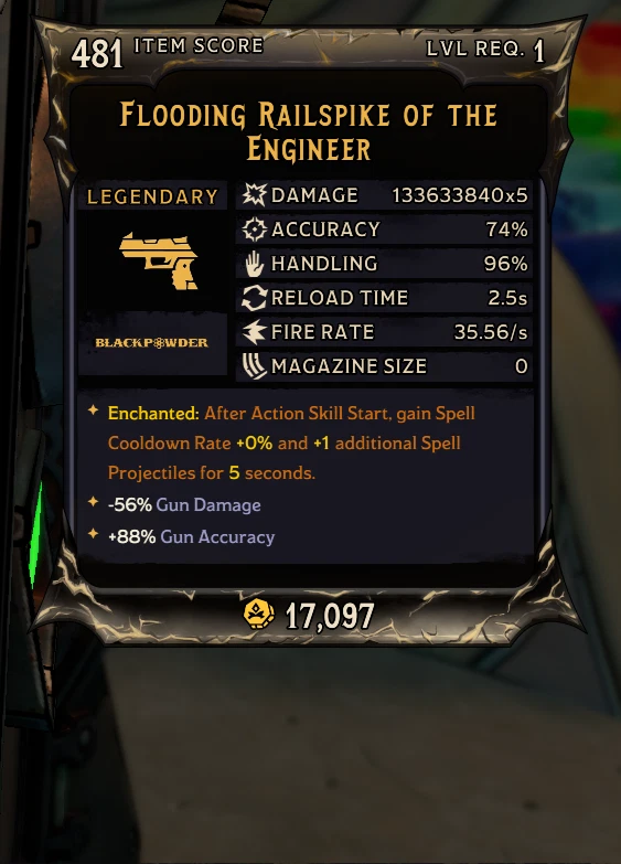 Tiny Tina's Wonderlands MODDED LEVEL 1 Railspike (INFINITE AMMO/SUPER FAST) - Image 1 of 1