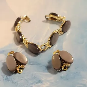 Vintage Gray/Brown Thermoset Bracelet & Clip on Earrings Jewelry Set js- - Picture 1 of 5