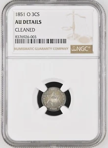 1851 O 3C Three Cent Silver NGC GRADED AU DETAILS Cleaned Nice Looking Coin - Picture 1 of 2