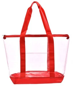 Clear Tote Bag - Zipper Closure, Long Shoulder Strap, Fabric Trimming. (Red) - Picture 1 of 6