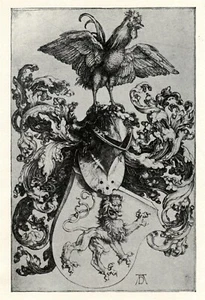 Albrecht Durer art print COAT OF ARMS WITH ROOSTER 1913 halftone - Picture 1 of 3