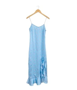 Cinta The Label Rainbow Satin Slip Dress Small Light Blue Print Ruffle Midi - Picture 1 of 11