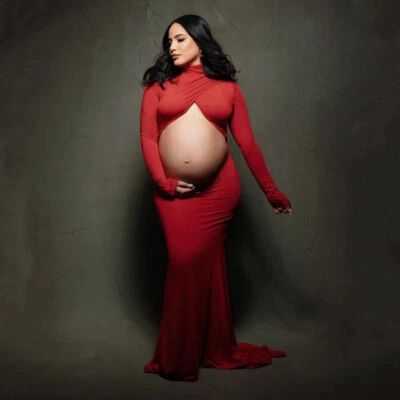 Pregnant Women Dress Maternity High Neck Trailing Slim Gown For Photograph Shoot - Image 1 of 4