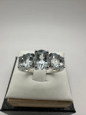 Anillo Aguamarina Natural 5 Piedras Plata de Ley Talla 10 Firmado JCL 925 Foto 1 de 4