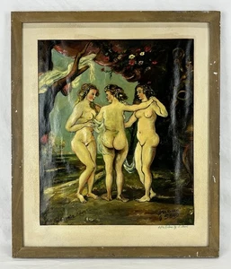 Antique Vintage Signed Oil Painting “Three Graces“ Nude Females After Rubens - Picture 1 of 24