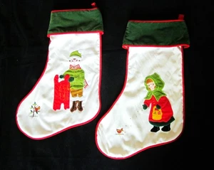 House of Hatten Vtg Christmas Stockings Boy w/ Sled & Girl Feeding Bird Applique - Picture 1 of 6