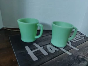 (2) Vintage Jadeite Fire King D Handle Oven Ware Mug Set - Picture 1 of 10