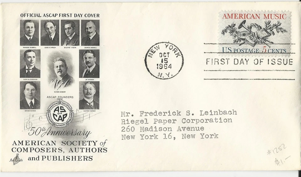1964 FDC  SC# 1252 Lute, Horn, Oak Branch & Laurel Leaves K366 - Image 1 of 1