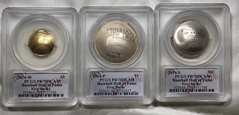 2014 3pc Baseball Hall of Fame Gold and Silver. PCGS PR70. McFarland Signature Cover