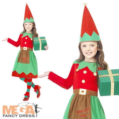 Christmas Elf Girls Fancy Dress Santas Little Helper Kids Festive Xmas Costume - Image 1 of 2