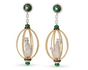 Cabochon & Round Emerald, Black Enamel, Lab-Created Round Diamonds Royal Earring - Picture 1 of 6