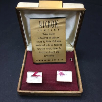 Hickok Gold Tone Lucite Red Vintage Fly Fishing Cufflinks in Original Box - Image 1 of 4