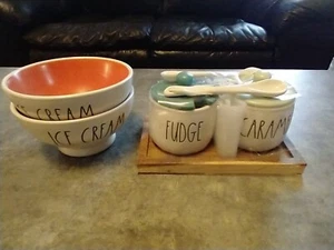 BRAND NEW RAE DUNN FUDGE & CARAMEL TRAY SET SPOONS & TWO ICE CREAM BOWLS ORANGE - Picture 1 of 5