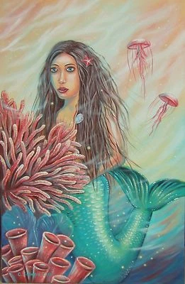 Christiane Schwarz; NIXE AM KORALLENRIFF  75x115cm    Meerjungfrau gemalt Kunst  - Bild 1 von 3