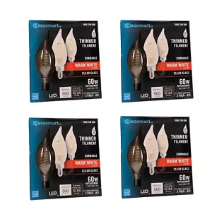 Pack of 4 Ecosmart Dimmable LED Candelabra Bulb 60W Warm White Thinner Filament - Picture 1 of 8