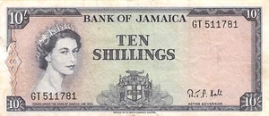 Jamaica 10/- L. 1960 P 50 Series GT Sign. 2 Que. II Circulated Banknote H 2 - Picture 1 of 2