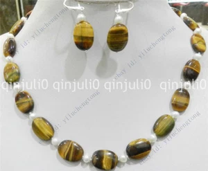 Natural yellow Tigers eye oval gems& white cultured pearl necklace earrings set - Picture 1 of 4