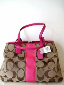 New Coach Signature Stripe Framed Carryall Satchel F13533 Khaki/Punch Stripe - Picture 1 of 2