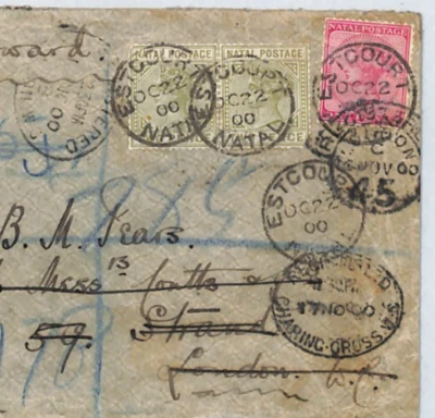 Sudáfrica NATAL Cubierta *Estcourt* 1900 CDS Reg'd Forwarded COUTTS Londres XJ179 Foto 1 de 4