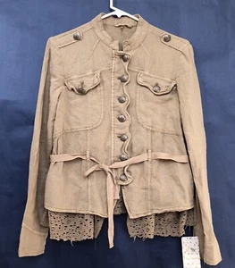 free people Woman Linen cropped Jacket XS Khaki Laced-Trim Button Belted $148 - Picture 1 of 11