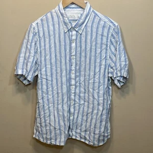 Abercrombie & Fitch Men Shirt Large Linen Blue White Striped Button Short Sleeve - Picture 1 of 8