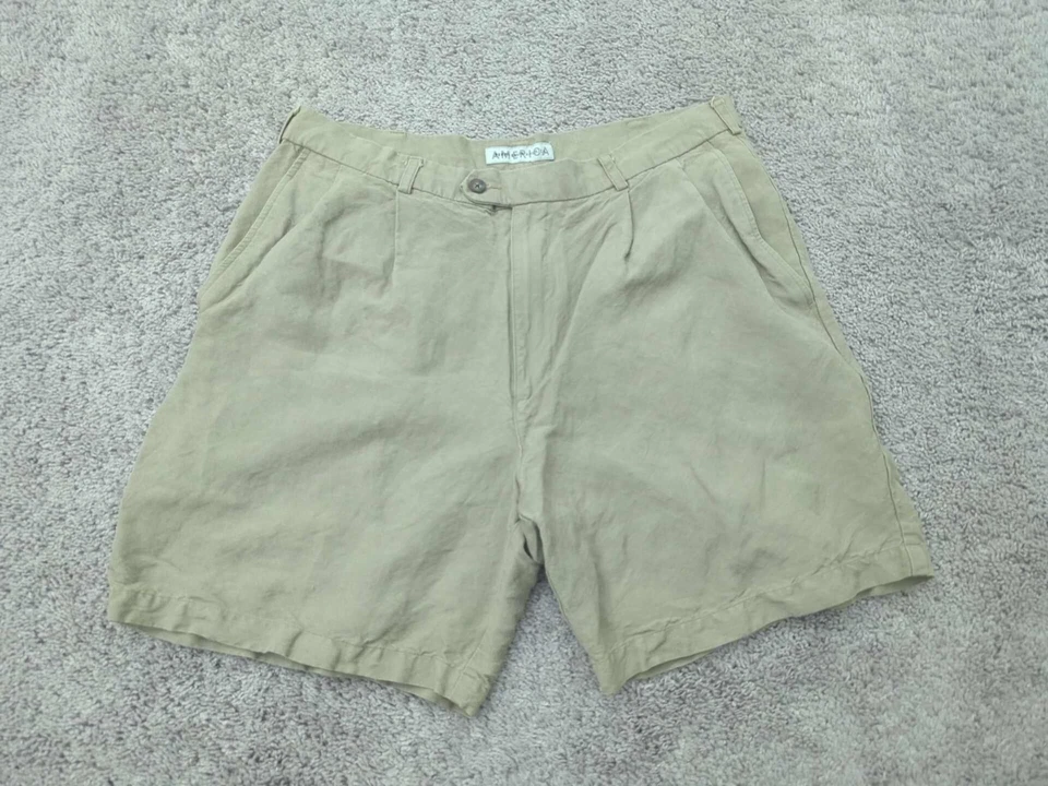 Pantalones Cortos Perry Ellis Para Hombres 36 Entrepierna Caqui: 7" 55% Lino Plisado Verano Informal Foto 1 de 4