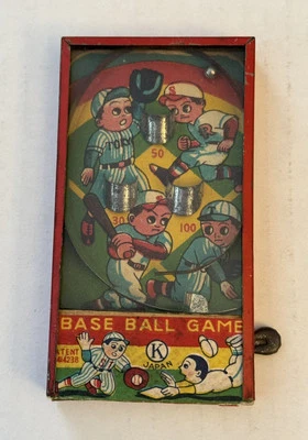 Rare Vintage 1950s Japanese Hand Held Miniature Baseball Tin Pinball Game Red - Image 1 of 2