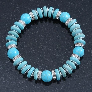 Classic Turquoise Bead With Crystal Ring Flex Bracelet - 19cm L - Picture 1 of 6