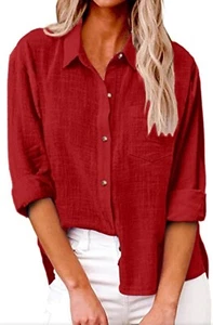 Mujeres Algodón Lino Camisas Abotonadas Otoño Informales Sueltas - ROJO - 2XL - Imagen 1 de 6