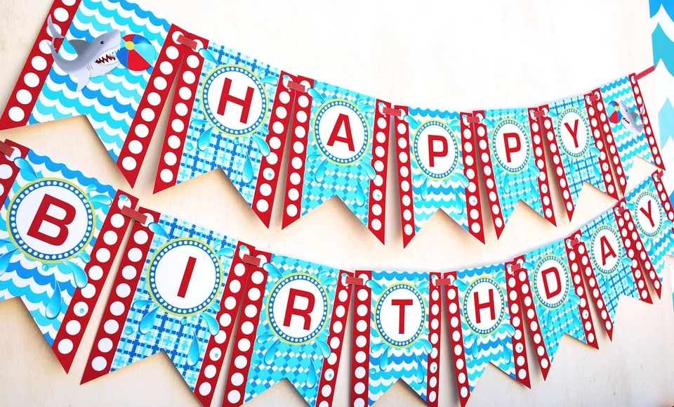 Shark Party Happy Birthday Banner Pool Party Pennant - Image 1 of 1