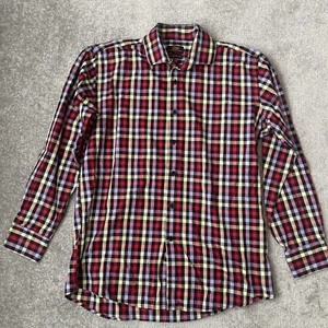Steven Land Shirt Mens 16.5 34/35 Red Purple Yellow Black Checkered Plaid Modern - Picture 1 of 8
