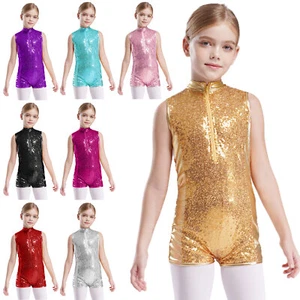 Kids Girls Bodysuit Stand Collar Leotard Stretchy Jumpsuit Sparkly Gymnastics - Picture 1 of 60