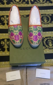 NEW AUTH GUCCI GG logo Herringbone Straw Leather Espadrilles Size G 38 - Picture 1 of 6