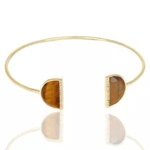 Handmade 925 Sterling Silver Double D Shape Bangle Bracelet Tiger Eye & Pave Cz - Picture 1 of 6
