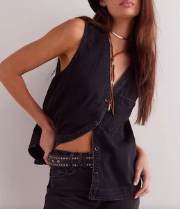 NEW FREE PEOPLE WE THE FREE WASHED BLACK DENIM SOUTH SIDE VEST TOP SZ XS - Picture 1 of 6