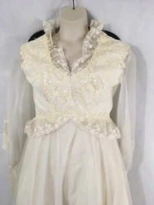 Vintage Brautkleid antik weiß Spitze V-Ausschnitt bestickt Satin transparente Ärmel - Bild 1 von 23
